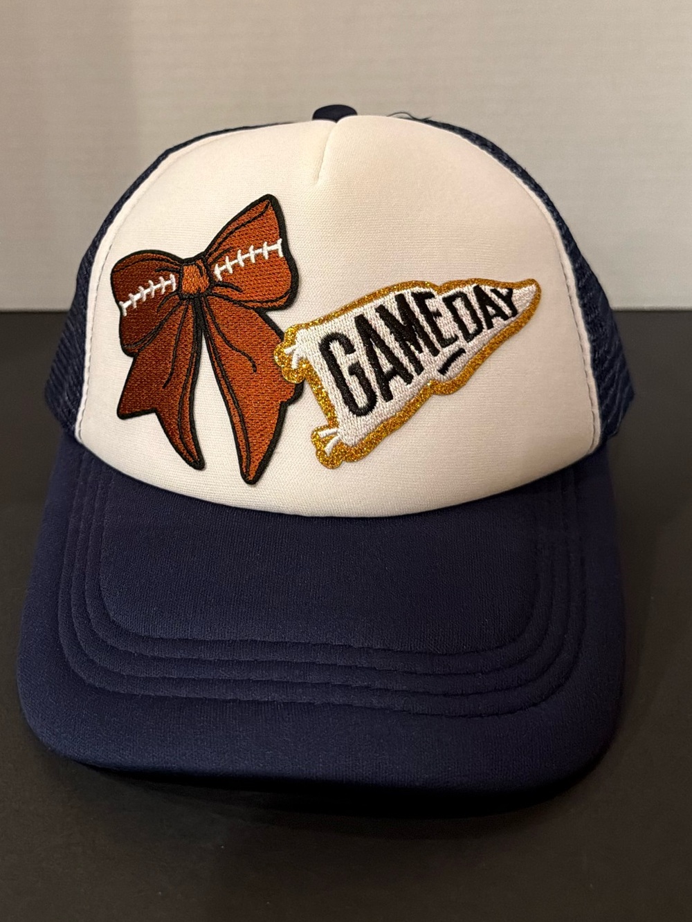 Navy Blue and White "Game Day" football Trucker Hat. Custom. New